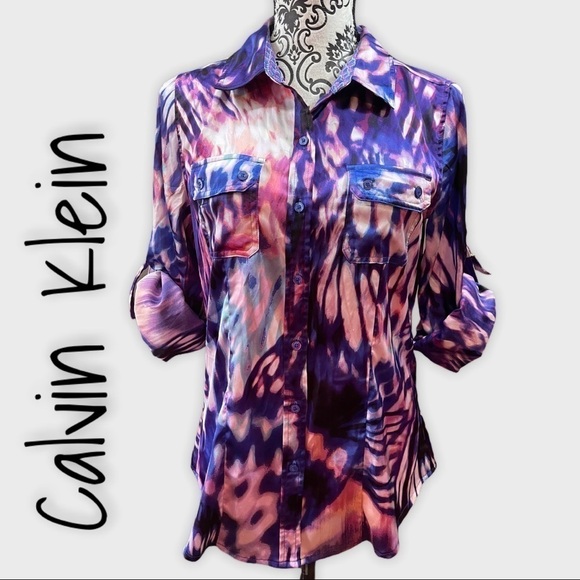 Calvin Klein purple tie-dyed button up top - Picture 1 of 9